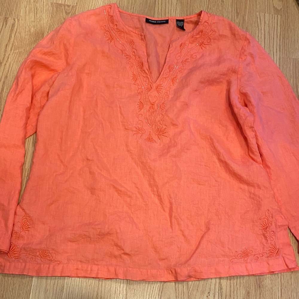 Preowned Coral V-Neck Embroidered Linen Tunic XL good